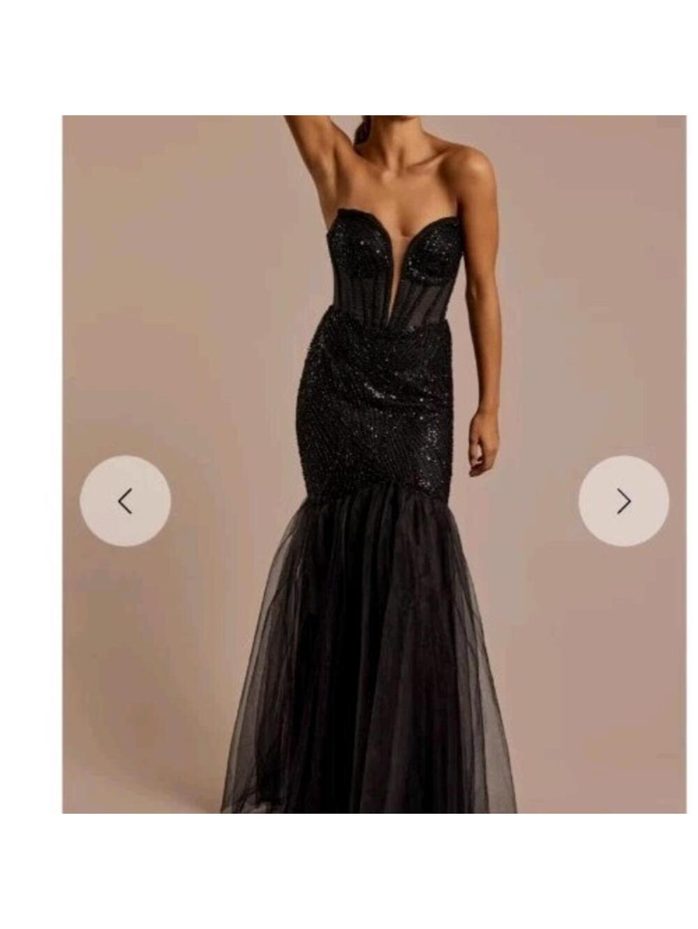 Black Beaded Sequin Mermaid Strapless Plunge Tulle Lined Formal Dress Size 2